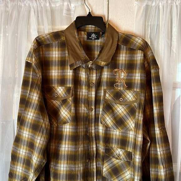 Red Ape Cotton Stretch Shirt Mens 3XL XXXL Brown Plaid Casual Embroidered Pocket - Picture 4 of 8